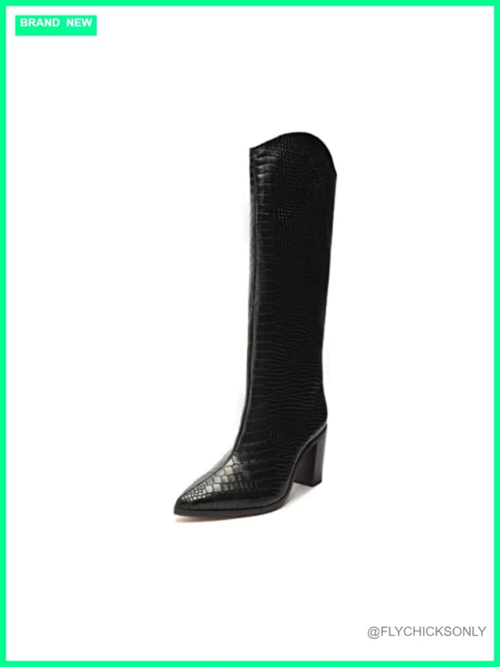 Croc Embossed Leather Pointed Toe Block Heel Mid Calf Boots